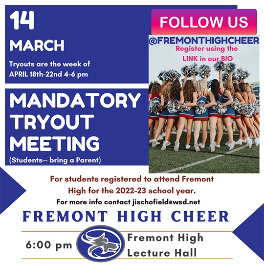 Cheer tryout meeting March 14th, 6pm. Tryouts April 18-22 4-6pm. Contact Jill Schofield for more information: jischofield@wsd.net